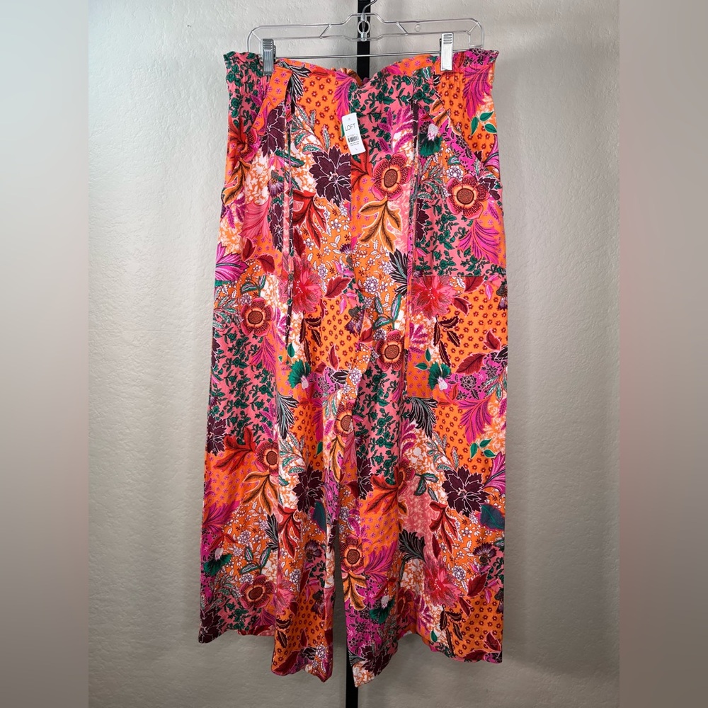 NEW NWT Ann Taylor Loft Pull On Linen Blend Wide Leg Pants Patchwork Bloom LARGE - Picture 2 of 12